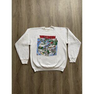 Rare Vintage 80s Barb McClain 1989 Wisconsin Map Art White Crewneck Sweatshirt